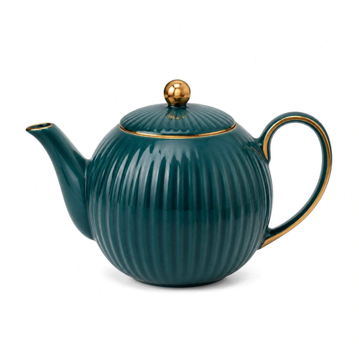 Teiera in ceramica 1.20 L verde petrolio con dettagli dorati - design scanalato