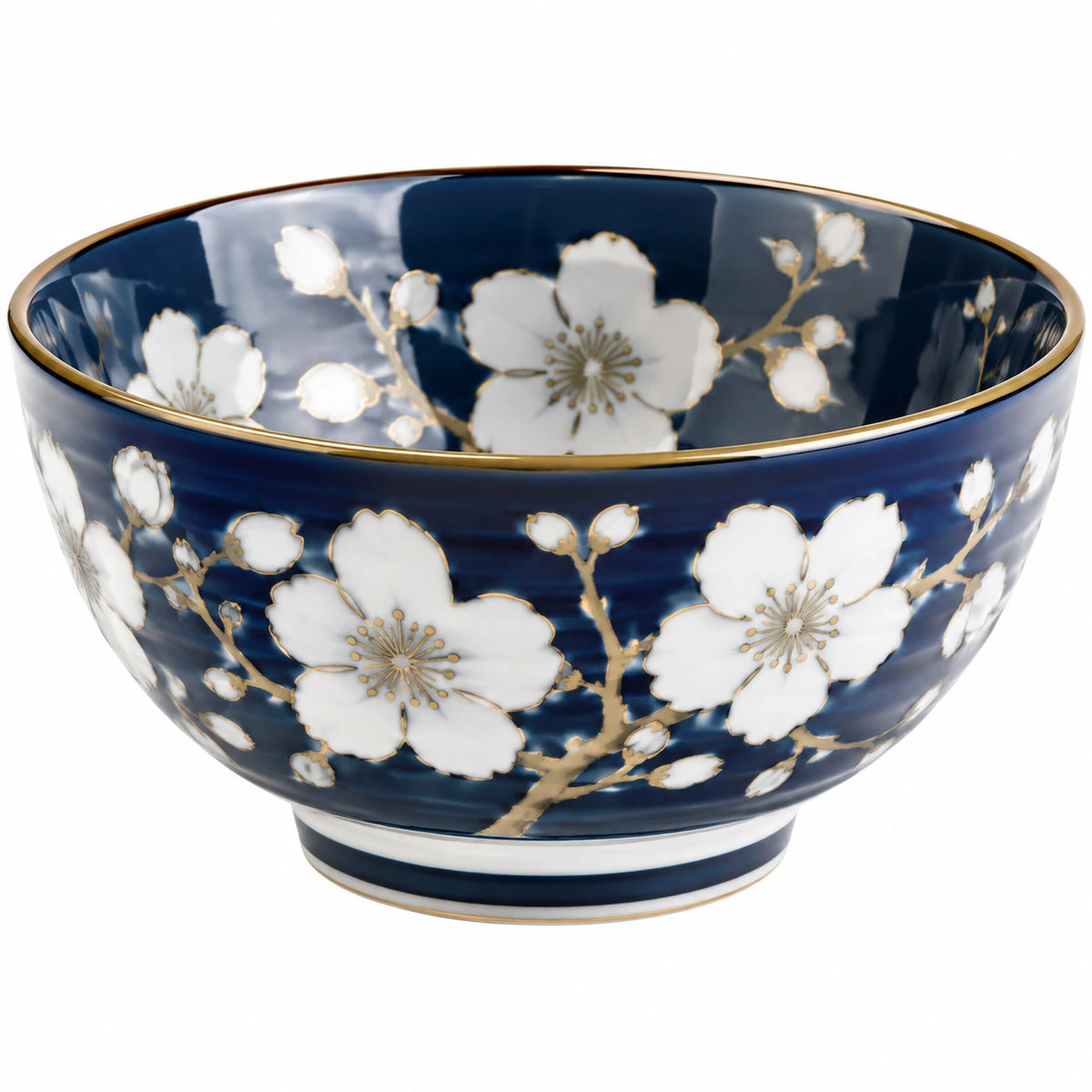 Ciotola 15 cm in ceramica blu navy con fiori bianchi e bordo dorato