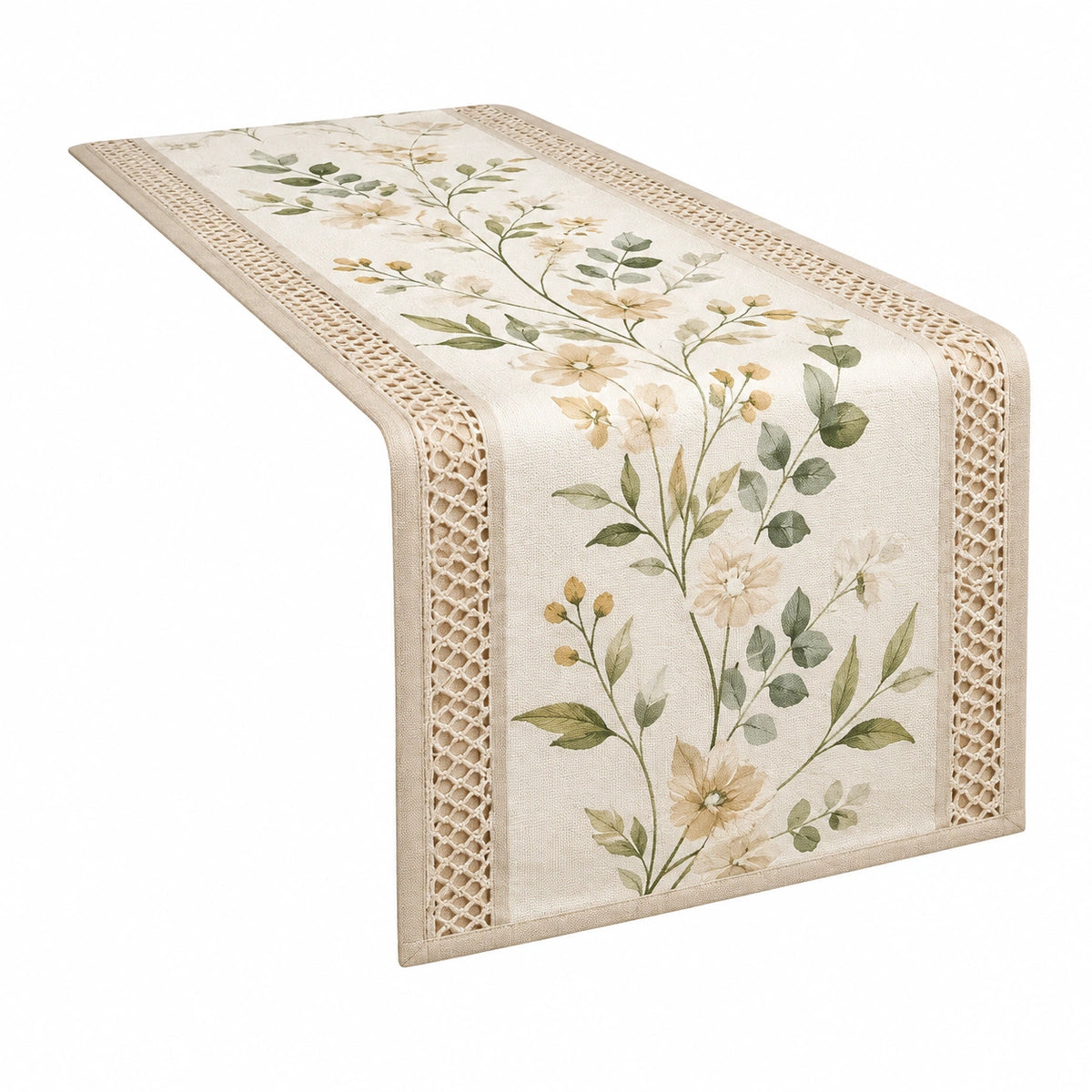 Runner da tavola 180 x 40 cm in tessuto beige con motivo floreale stile rustico