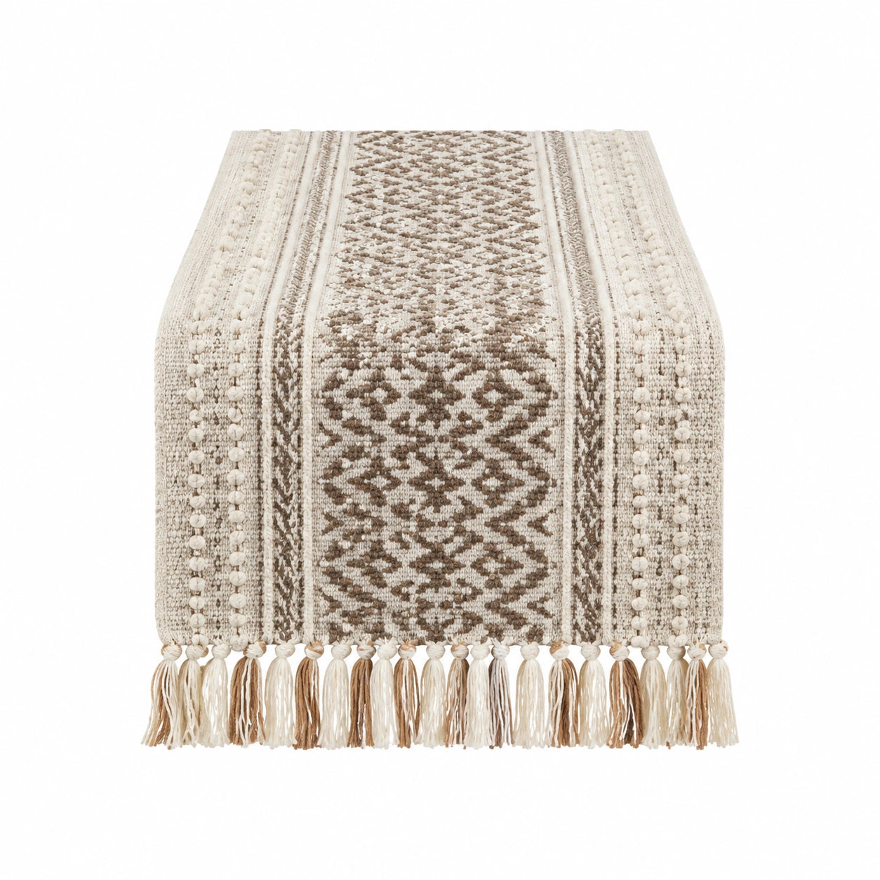 Runner da tavola 180 x 35 cm in tessuto beige marrone con frange stile boho