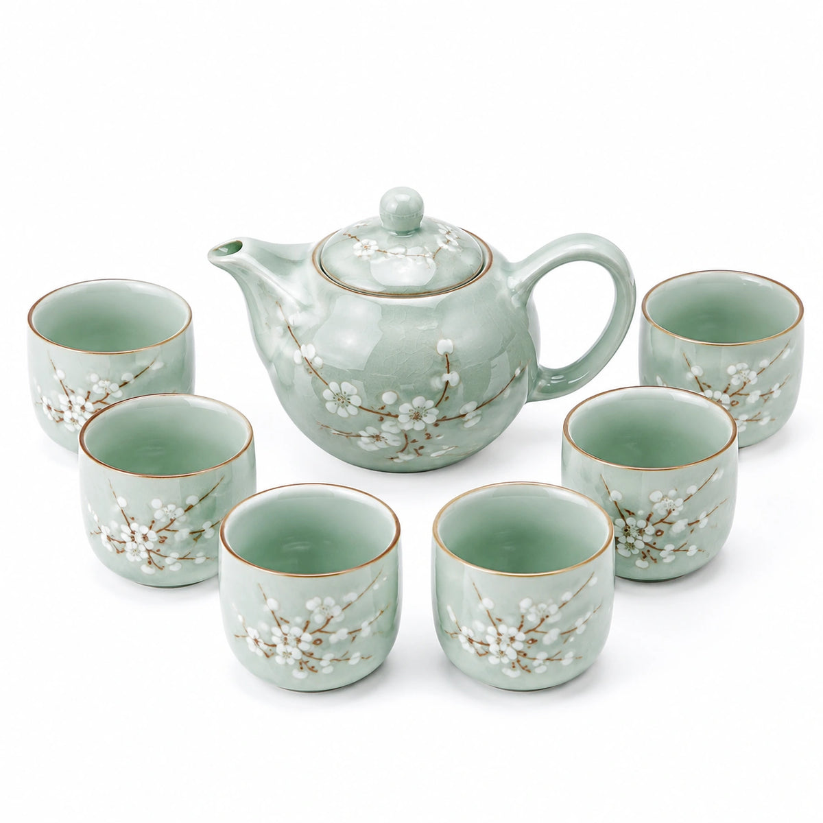 Servizio da tè in ceramica verde con teiera 850 ml e 6 tazze 120 ml - motivo floreale