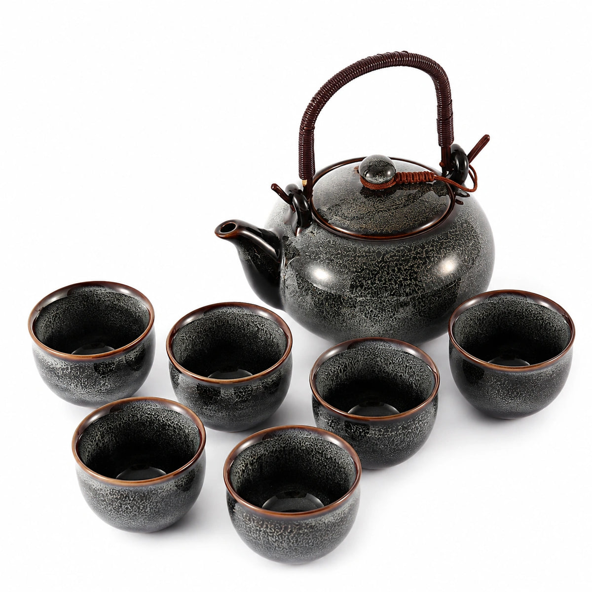 Set da tè in ceramica nero marrone con teiera 18 cm e 6 tazze - finitura craquelé
