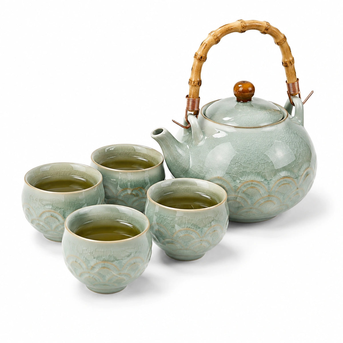 Servizio da tè 5 pezzi 1200 ml in ceramica verde con manico in bambù stile orientale
