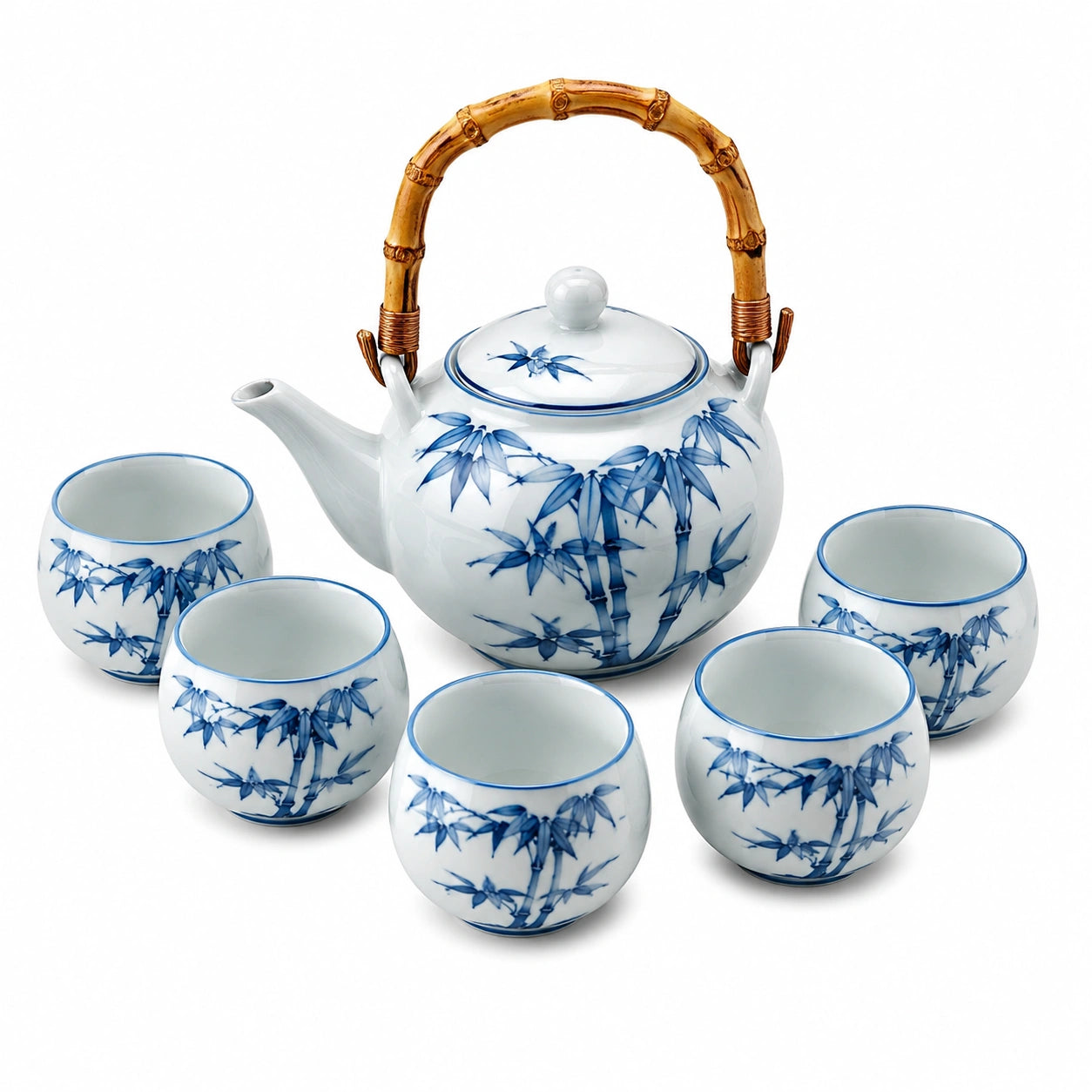 Servizio da tè in porcellana bianco e blu 1200 ml con 6 tazze e manico in bambù