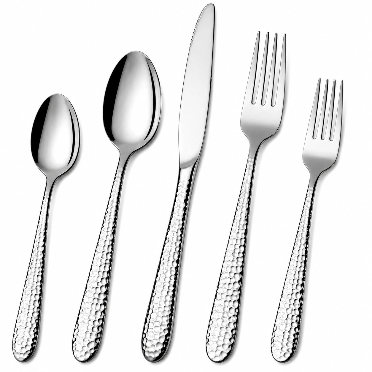 Set di posate 5 pezzi da 14 a 23 cm in acciaio inox argento con manici martellati per tavola