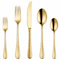 Set posate 5 pezzi in acciaio inox dorato con manici martellati per tavola