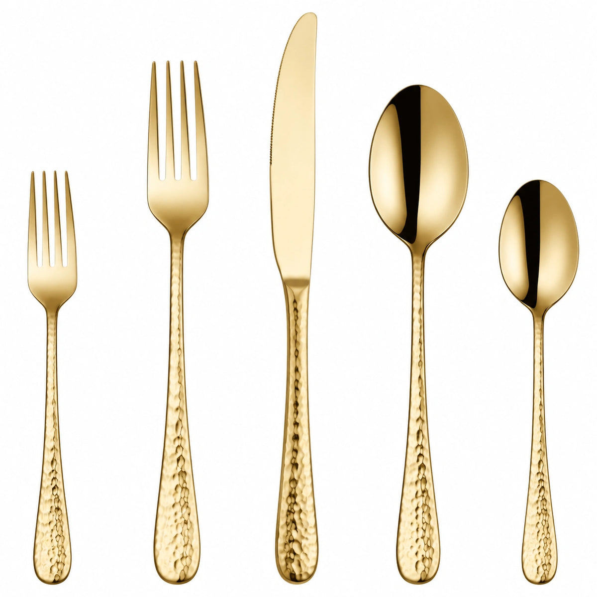 Set posate 5 pezzi in acciaio inox dorato con manici martellati per tavola