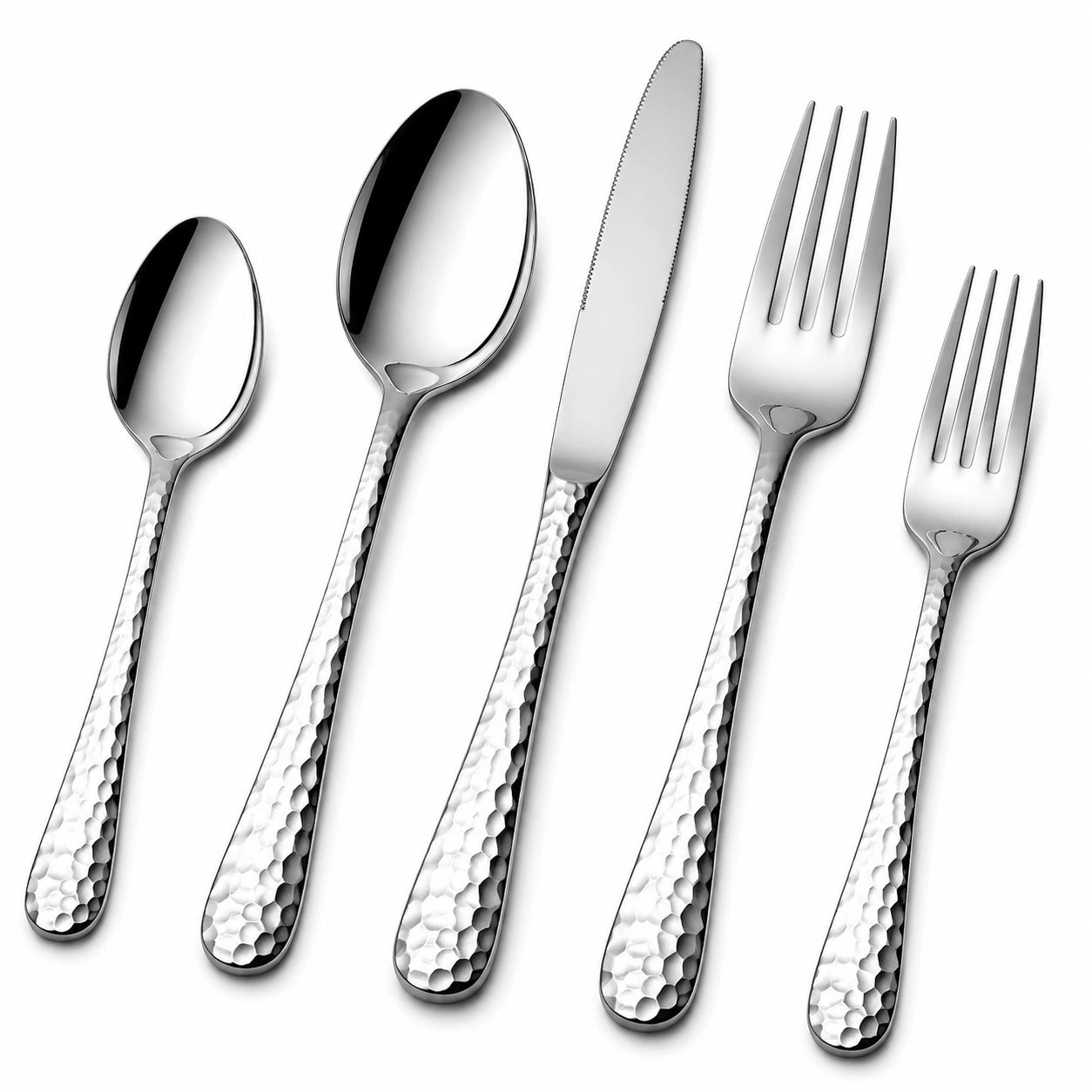 Set posate 5 pezzi in acciaio inox argento con manici martellati