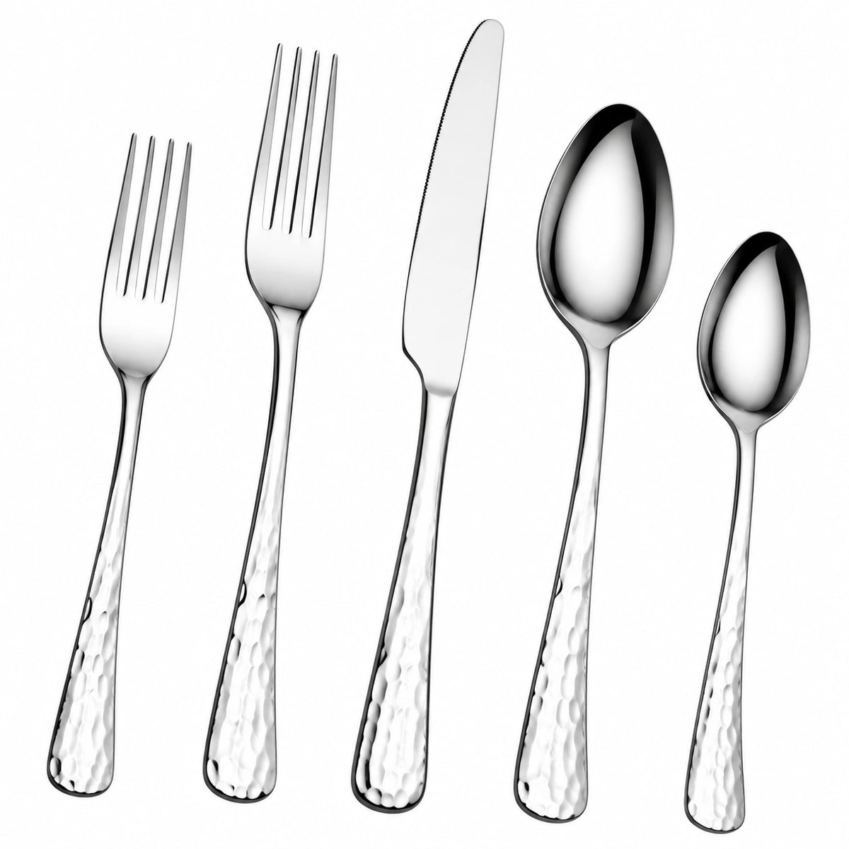 Set posate 5 pezzi in acciaio inox argento con manici martellati per tavola