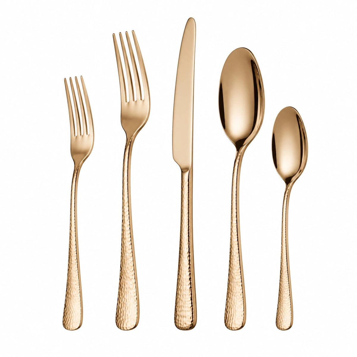 Set posate 5 pezzi in acciaio inox color oro - stile martellato per tavola