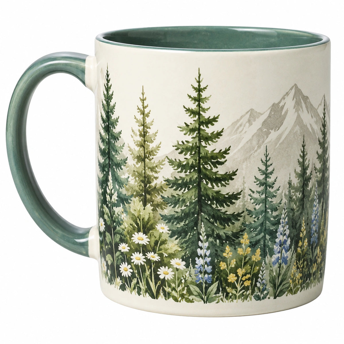 Tazza in ceramica 350 ml avorio e verde con paesaggio montano