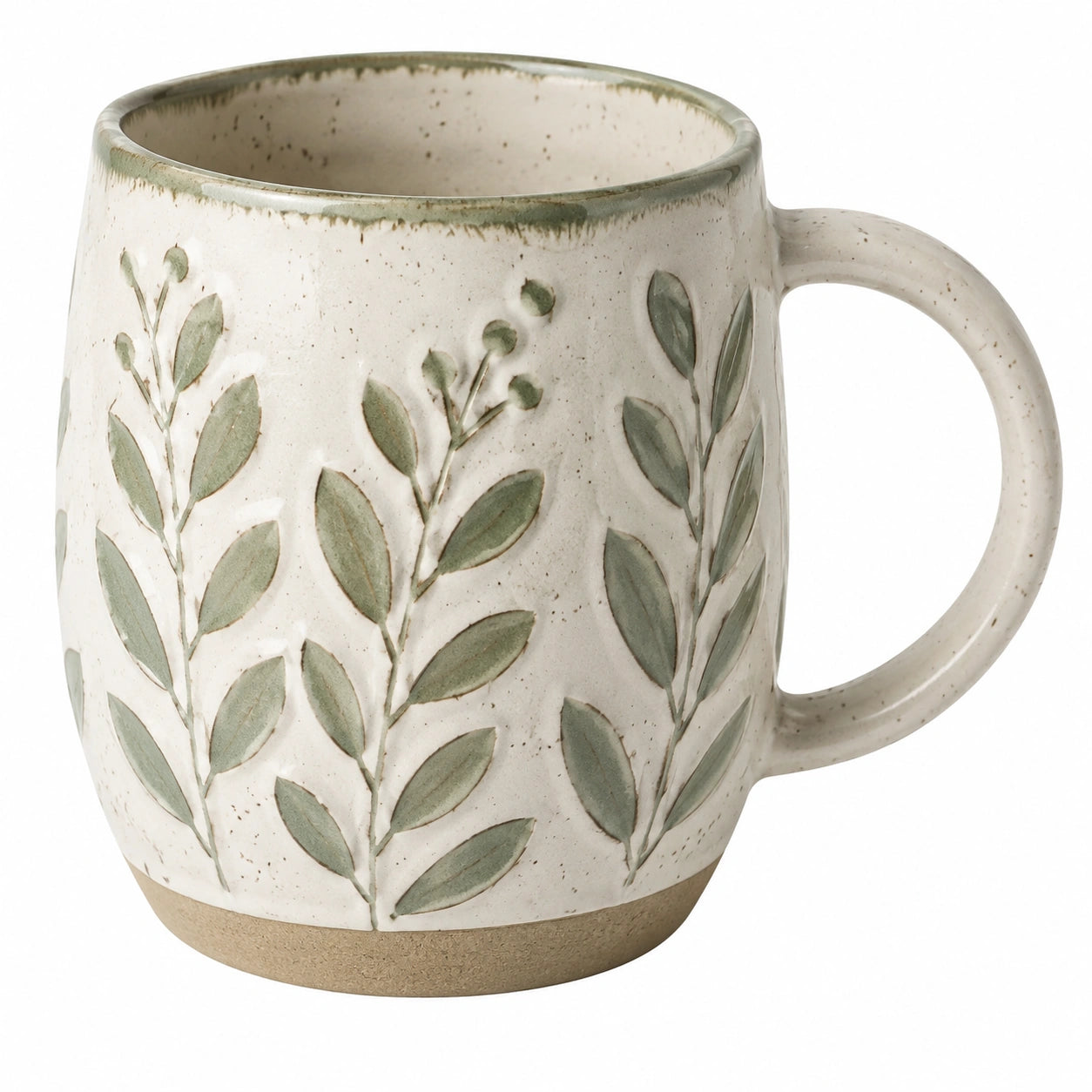 Tazza in ceramica 400 ml beige e verde con motivo botanico e manico