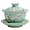 Tazza Gaiwan in ceramica 180 ml verde con motivo floreale e piattino