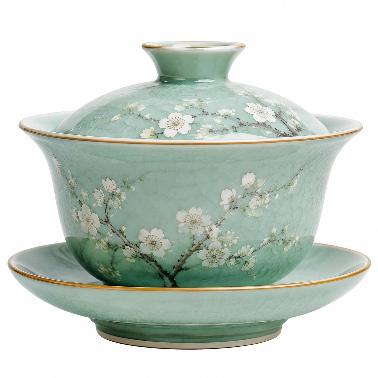 Tazza Gaiwan in ceramica 180 ml verde con motivo floreale e piattino