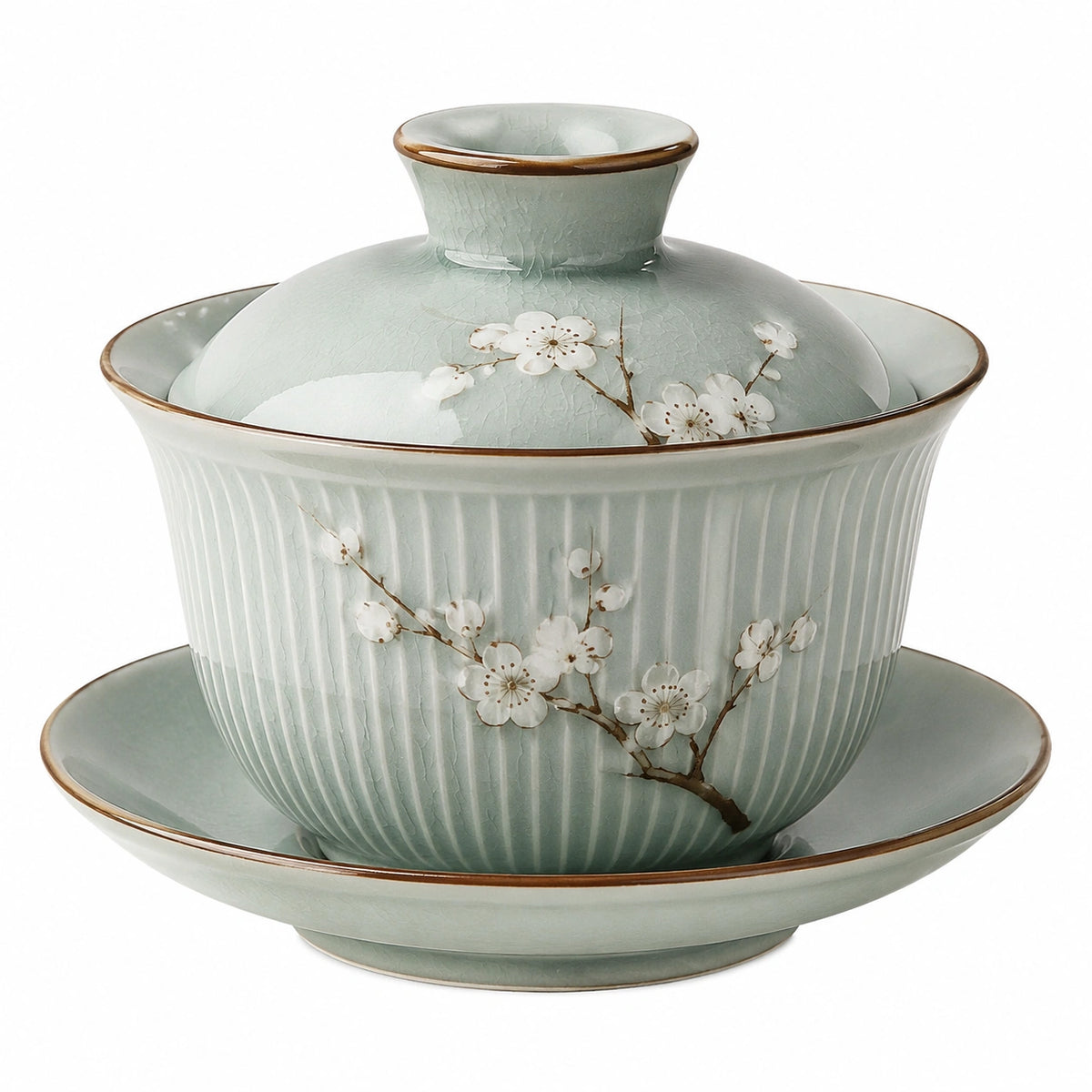 Tazza Gaiwan in porcellana verde celadon 150 ml con coperchio e piattino floreale