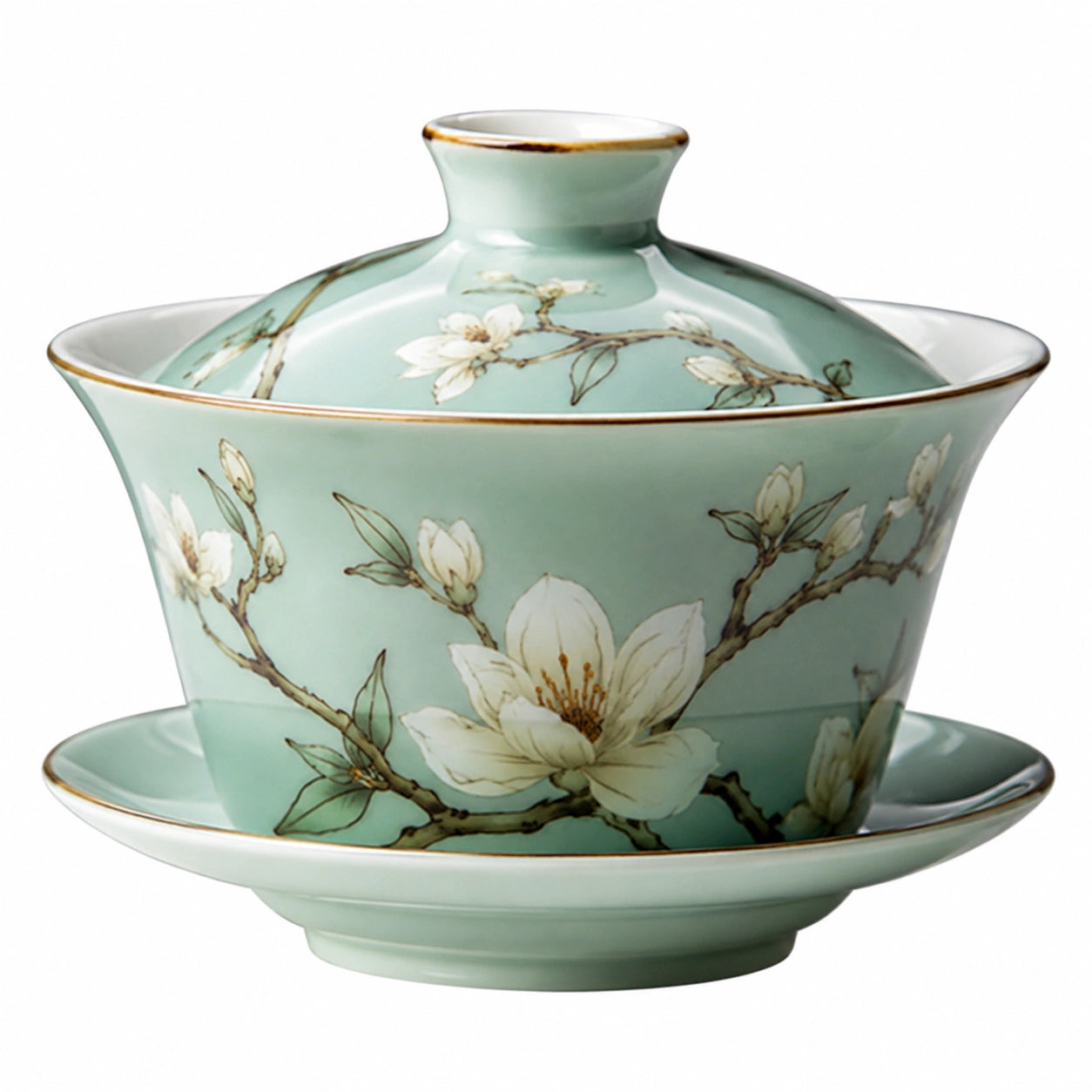 Tazza da tè con coperchio 150 ml in ceramica verde con motivo floreale - stile tradizionale