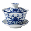 Tazza da tè con coperchio 150 ml in porcellana bianca e blu - set con piattino decorato
