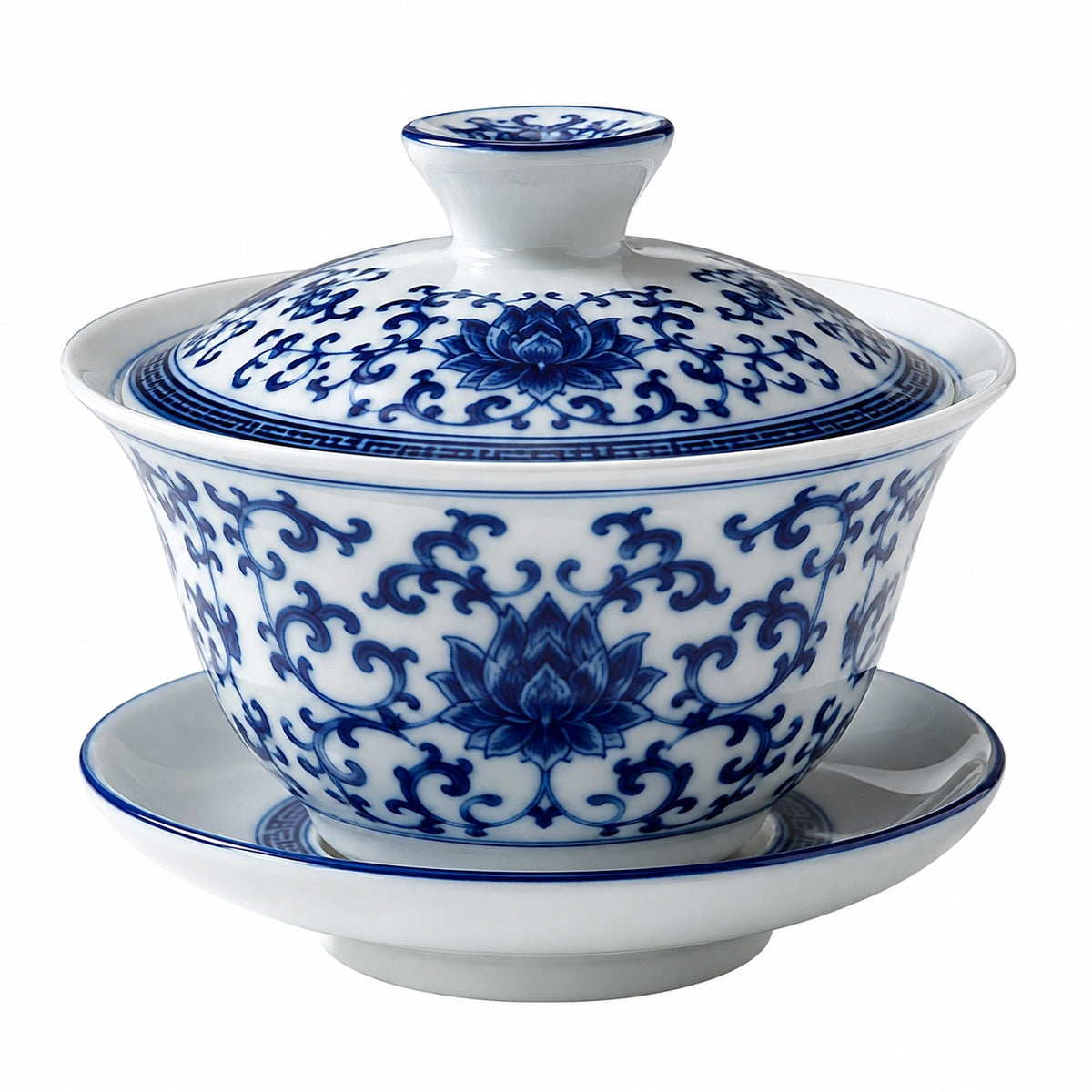 Tazza da tè con coperchio 150 ml in porcellana bianca e blu - set con piattino decorato