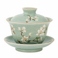 Tazza Gaiwan in ceramica 150 ml verde celadon con coperchio e piattino stile floreale
