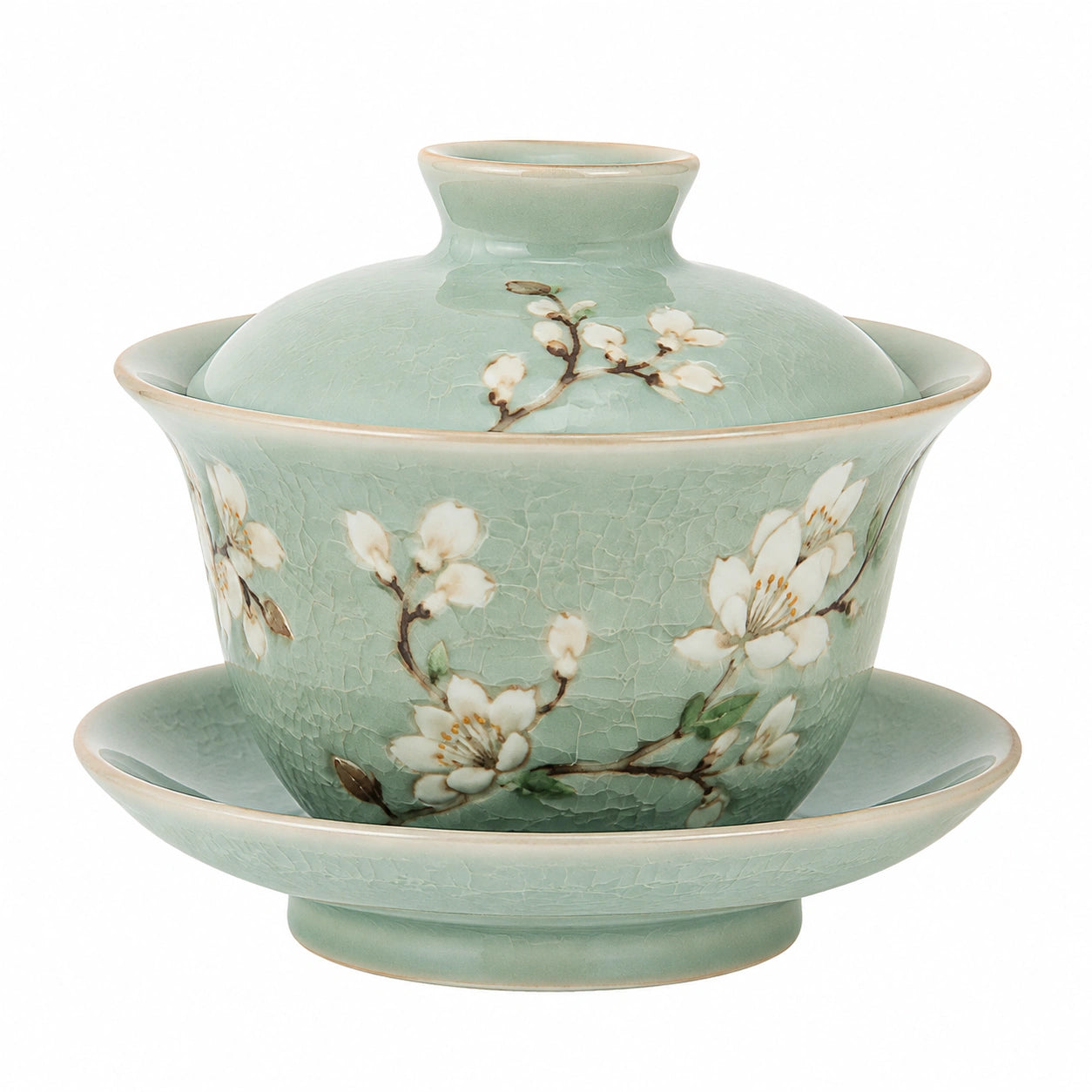 Tazza Gaiwan in ceramica 150 ml verde celadon con coperchio e piattino stile floreale